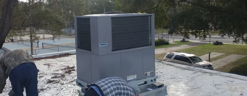 Rooftop HVAC units on a light commercial building