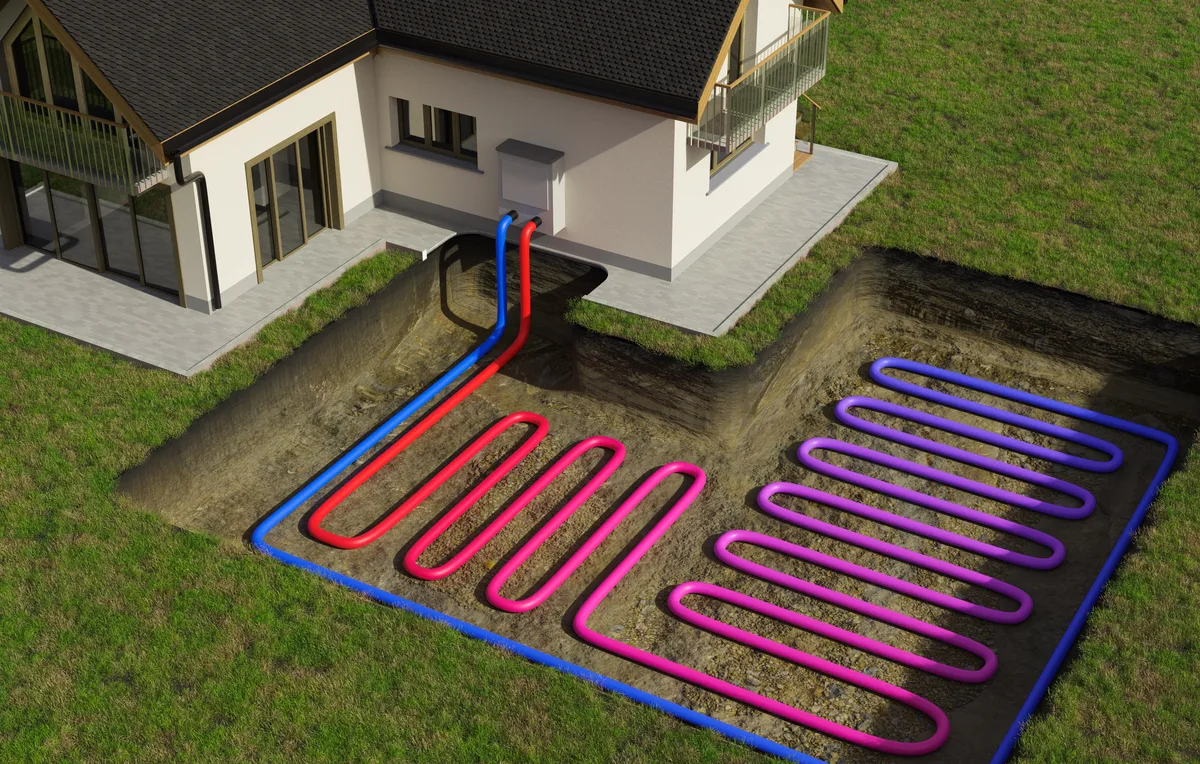 Illustration of a geothermal ground loop field connected to a home