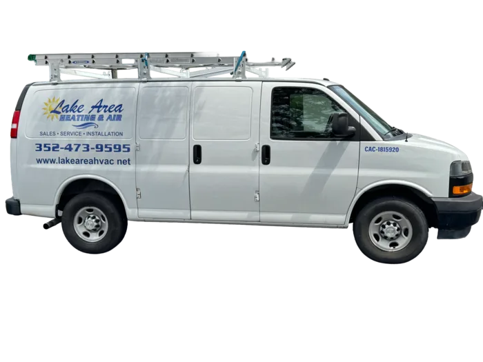 Lake Area Heating & Air service van parked on a residential street