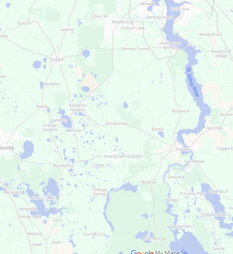Map of the one-hour service radius around Keystone Heights that Lake Area Heating & Air covers