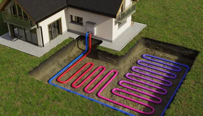 Diagram of a geothermal ground loop system installed beneath a residential yard